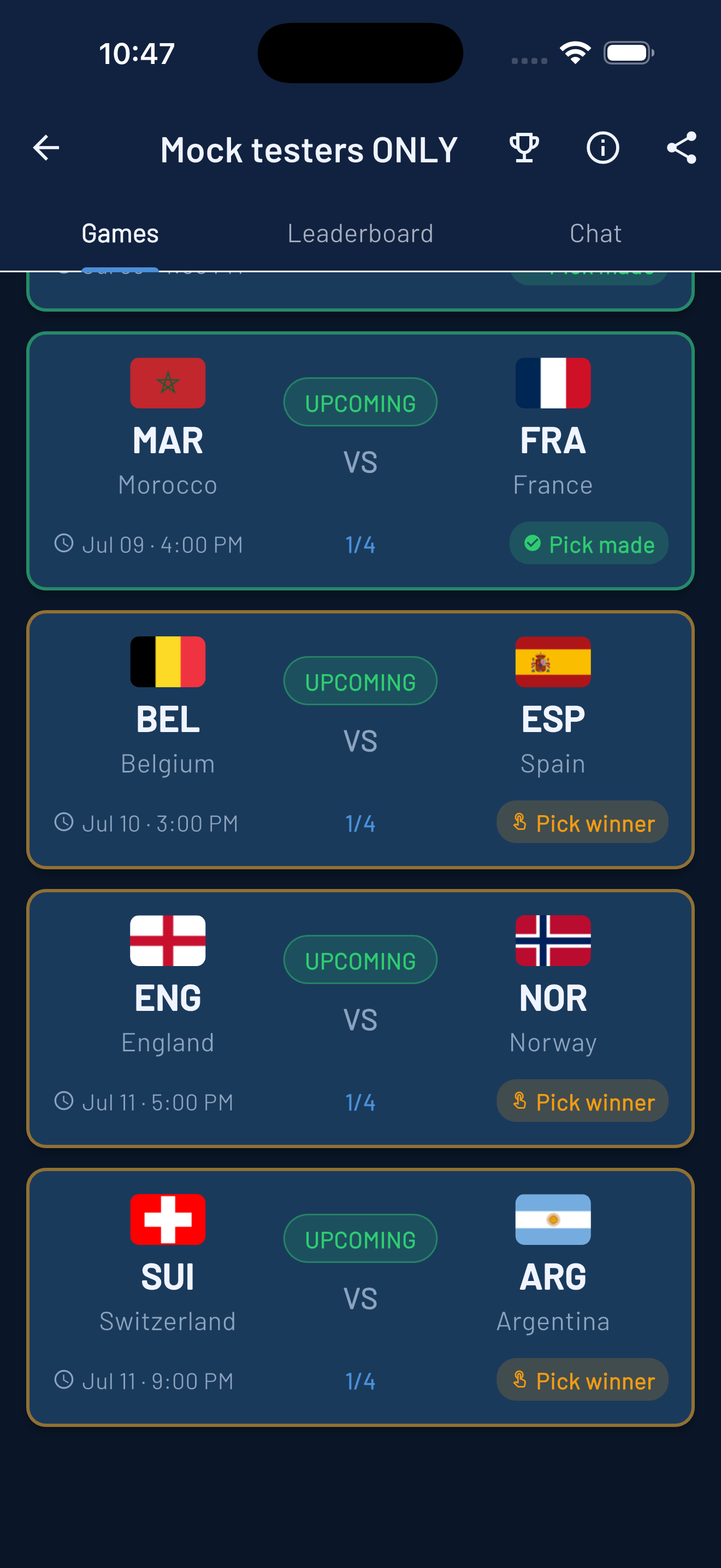 Games schedule