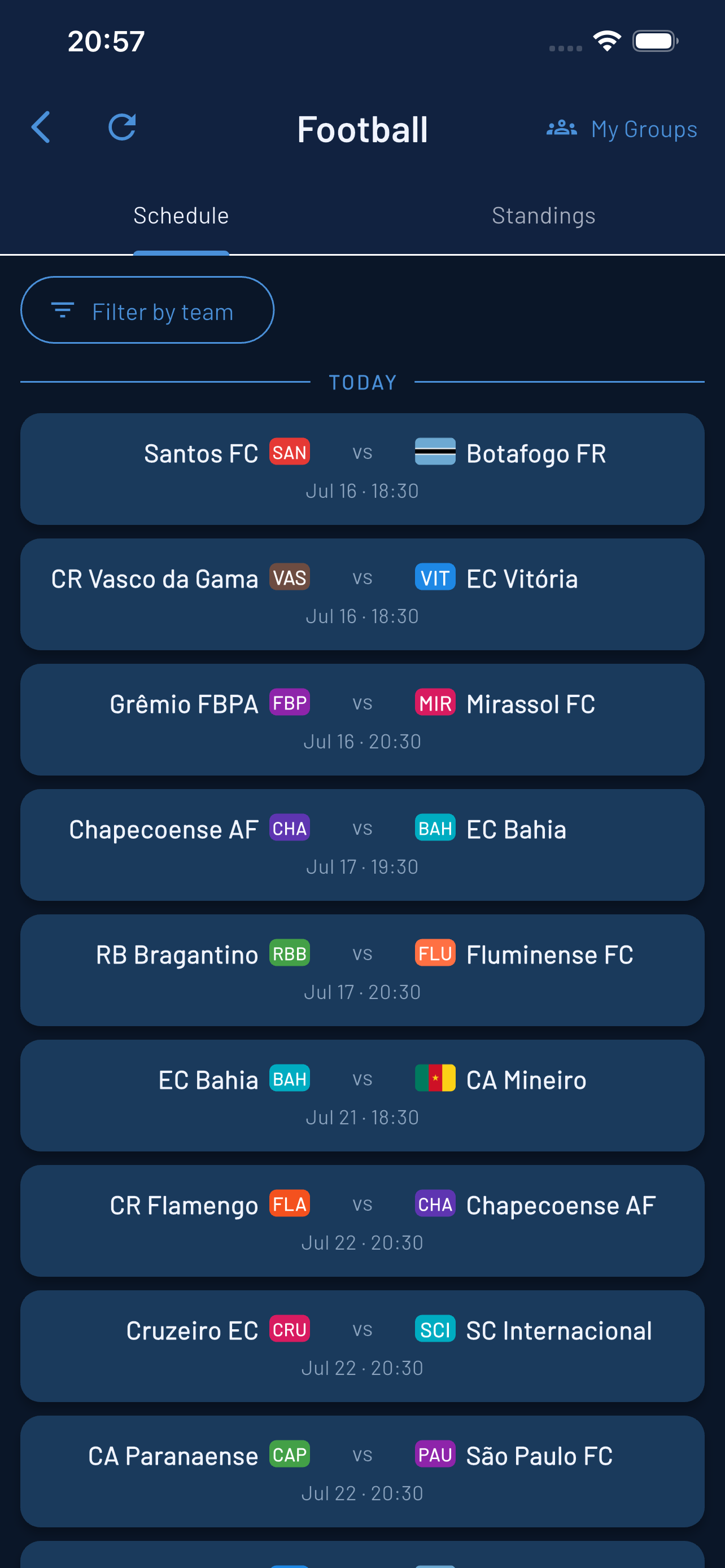 Club football schedule and standings